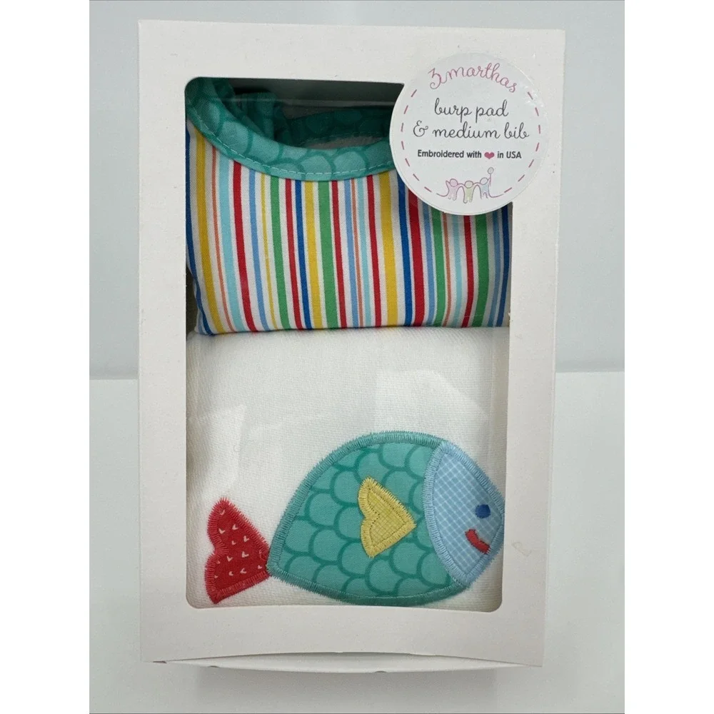 3 MARTHAS‎ Multi Color Fish Medium BIB AND BURP Pad BOXED GIFT SET-NIB